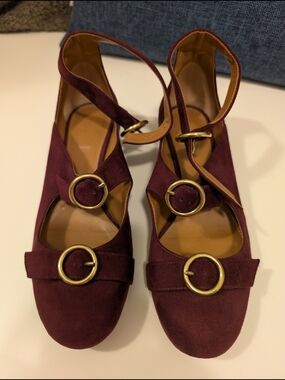 Chloe Burgundy Suede Heels with Gold Buckles